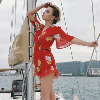 

Umeko Ruffle Beach Playsuits Flare Sleeve V Neck Floral Print Jumpsuit High Waist Casual Loose Red Overalls 2019 Summer