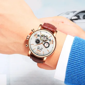 

KINYUED Brand Brown Mens Mechanical Watches Skeleton Flying Tourbillon Men Watch Automatic Leather Band Waterproof Montre Homme