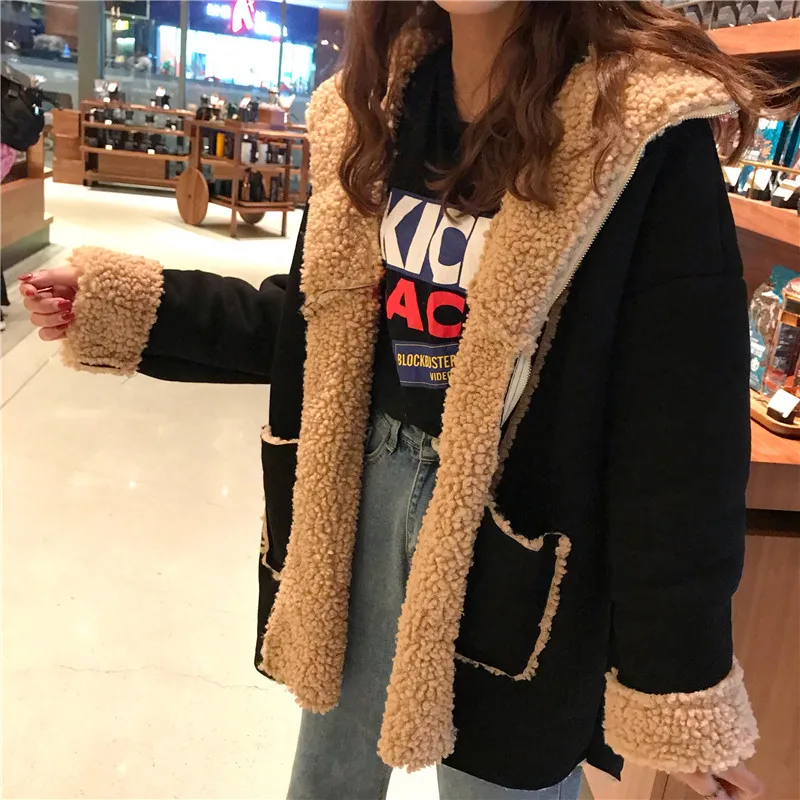 Korean Style Women Fake Fur Jacket Coat 2018 Winter Thick Fleece Lining Long Sleeve Fake Fur Overcoat Black Oversize Outwear