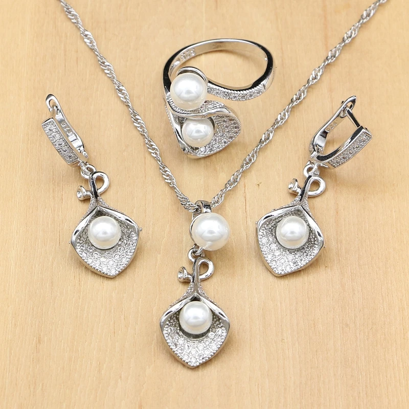 925 Silver Bridal Jewelry Sets White Pearl Zircon For Women Wedding Pendant Drop Earrings Rings Morning Glory Necklace Set  (4)