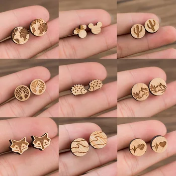 

Jisensp Ethnic Natural Animal Wooden Earrings for Women Geometric Mickey Stud Earrings Statement Jewelry World Map Earing Brinco
