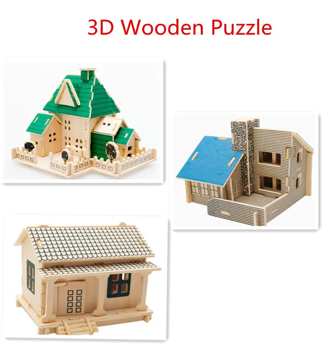 

New wooden toy 3 D wooden House Puzzle house scale models 3piece/lot Free shipping