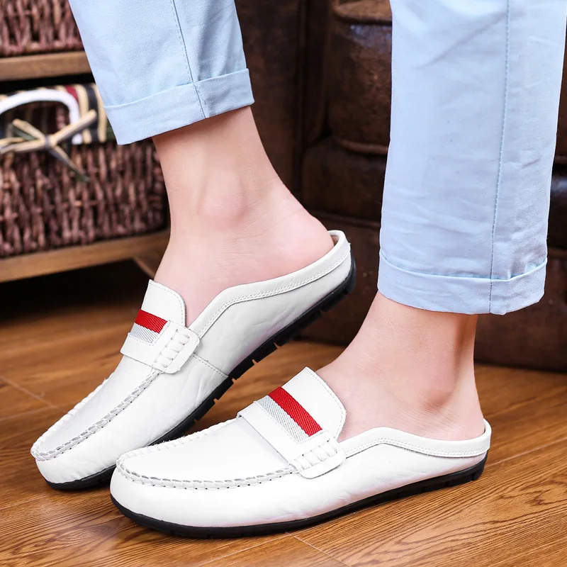 

Summer slippers no heel half slippers men's men's breathable leather shoes men's shoes lazy peas shoes half slippers