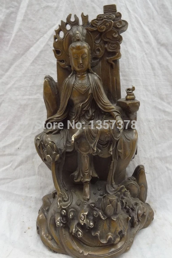 

shitou 001122 13" Chinese Bronze Buddhist Cloud Lotus Kwan-Yin Guan Yin Goddess Buddha Statue