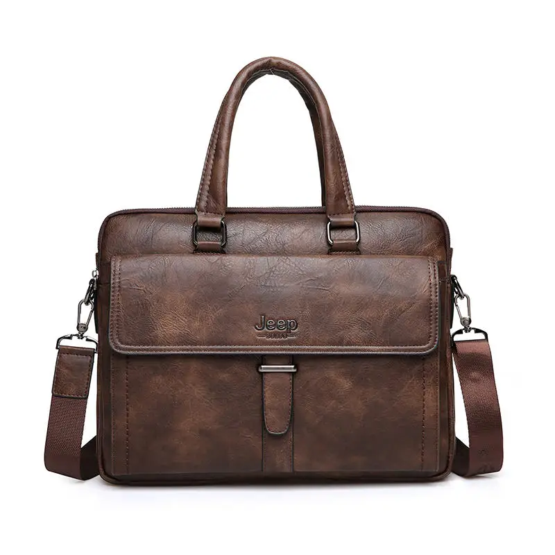 Мужской повседневный портфель jeep buluo, коричневый портфель для документов, сумка для ноутбука 14", кожаный деловой портфель с плечевым ремнем, все сезоны - Цвет: Brown 8003