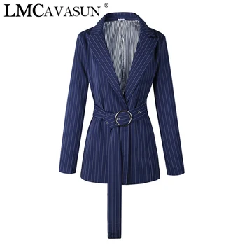 

LMCAVASUN striped casuais Mulheres Jaqueta Blazer Double Breasted Terno Casaco Moda Outono Feminino Outerwear Office Blazers