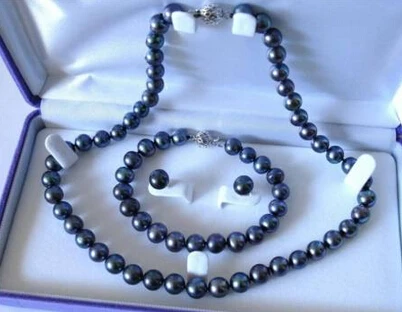 

Miss charm Jew.517 New!8-9mm Natural Black Akoya Cultured Pearl Bracelet Necklace Earrings Set hot