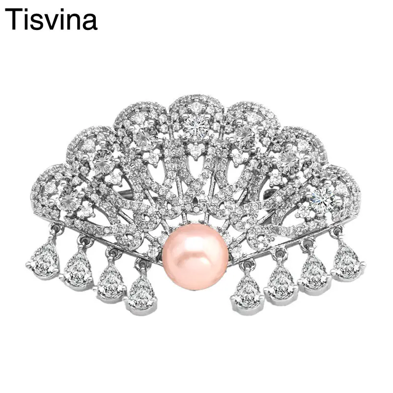 

Tisvina 2018 New Fan Brooches for women with Natural pearl & AAA High quality Cubic Zircons Wedding party Corsage pins jewelry