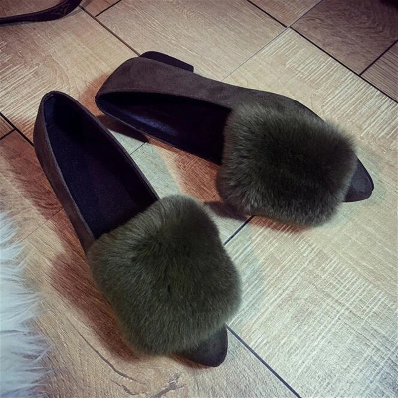 2017 Spring Autumn Women Pointed Toe Flats Faux Fur Women Casual Shoes Flock Leather Flat Shoes