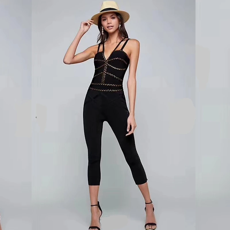 

2018 Sexy Women Black Win Red Sleeveless Beads Bandage Jumpsuit Backless Spaghetti Strap V Neck Elegant Summer Fashion Clubwear