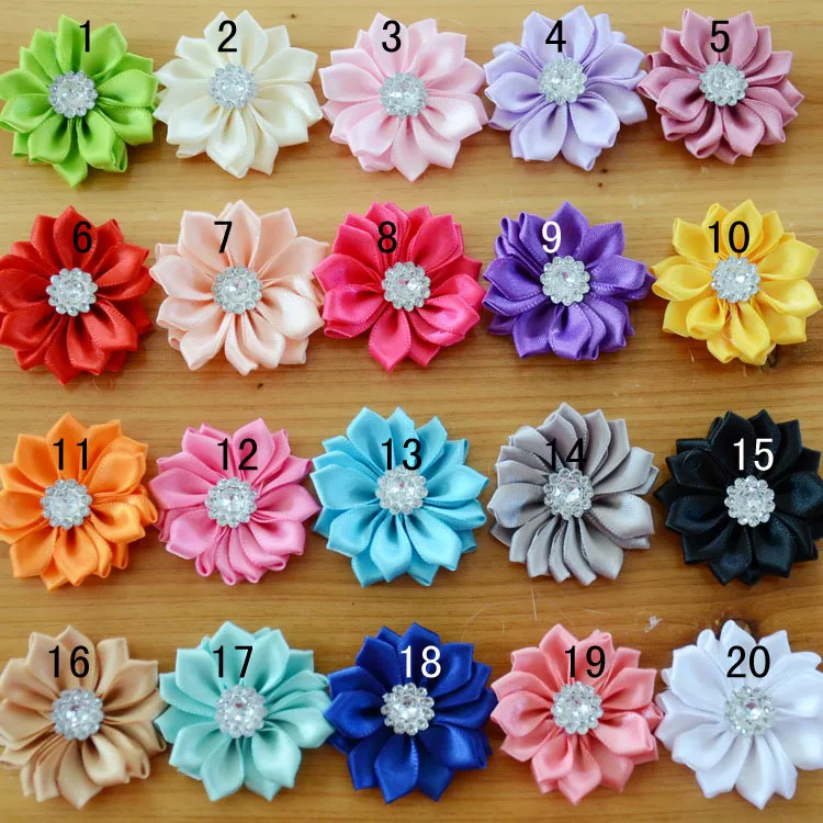 1000 pcs/lot , Small Satin Flower with Rhinestone embellishment Fabric