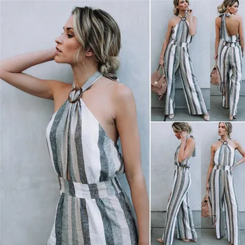 

2018 Sexy Women Sleeveless Striped Halter Jumpsuit Romper Women Casual Clubwear Beach Casual Wide Leg Pants Outfit Playsuit