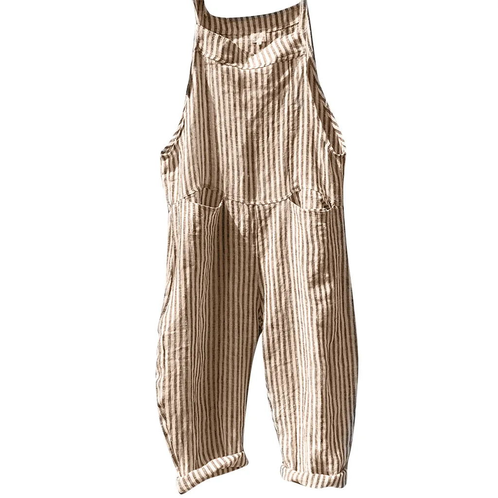 Женский Карманный повязка комбинезон без рукавов полосатый льняной женский с