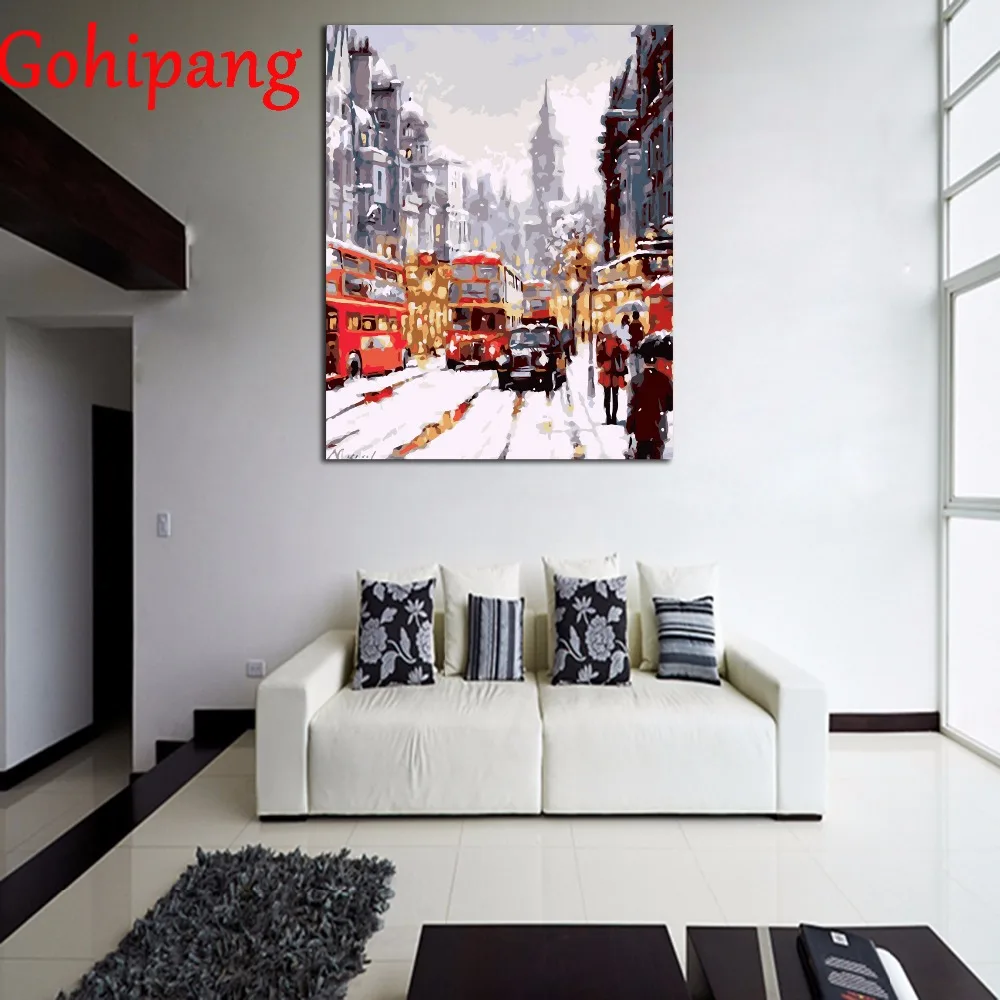 Framed DIY Oil Paintings By Numbers Snow City Street Scenery Modern