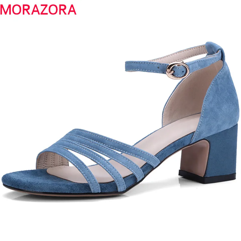 

MORAZORA 2020 top quality suede leather women sandals simple buckle casual lady shoes solid color summer high heels shoes woman