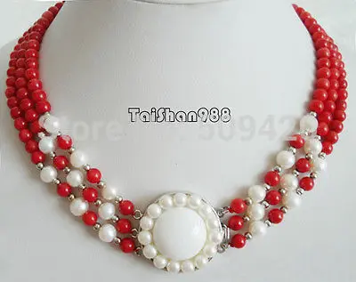 

~~ Free Shipping >>3 Rows Red Coral White Pearl Sun Flower Pendant 18KWGP Clasp Necklace