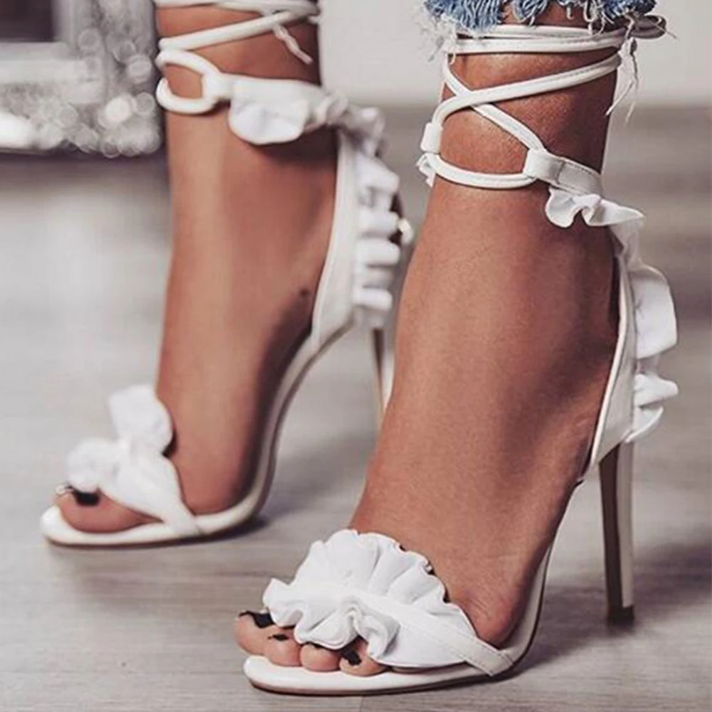 

2019 Large Size 43 Stylish Solid White Sandals Woman Shoes Summer Sexy Ruffles High Heels Party ankle-wrap Women Shoes Stiletto