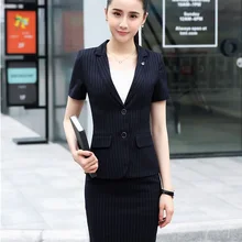 Высокое качество волокна Дамы Синий Полосатый блейзер для женщин Деловые костюмы с юбкой и курткой наборы короткий рукав женская одежда