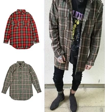 Streetwear punk tartan brand clothing men clothes korean extended green red checkered plaid shirt dress new