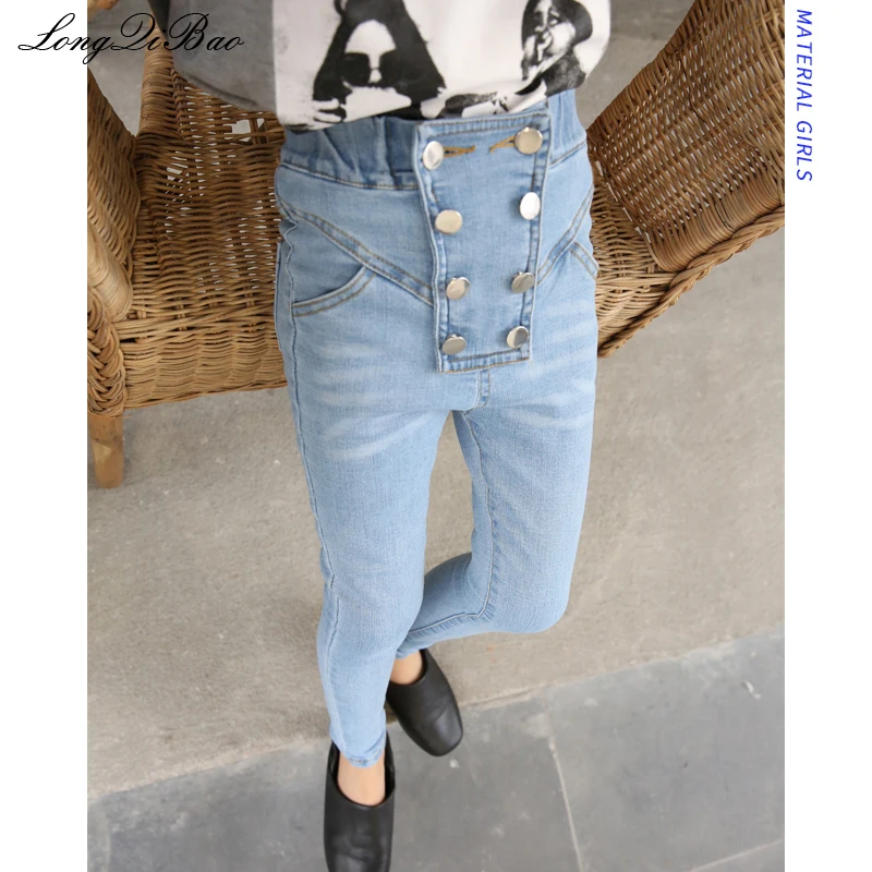 

Girls high waist elastic double-breasted feet raw edge pencil pants 2019 spring new children's jeans