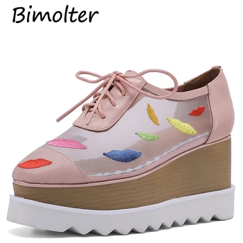

Bimolter genuine leather summer embroidery lips pattern wedges thick bottom straw platform lace up square toe Mesh pumps FC067