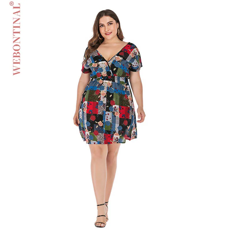

WEBONTINAL Fashion Linen Printed V-neck Slim Women Dress Big Size Summer Dresses Work Party Female Elegant Oversized Vestidos