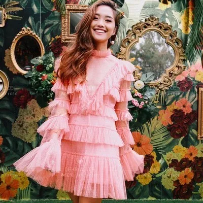

DEAT 2019 Summer Long Flare Sleeve Pink Turtleneck Lace Mesh Patchwork Pleated Short Cake Dress Women ME052