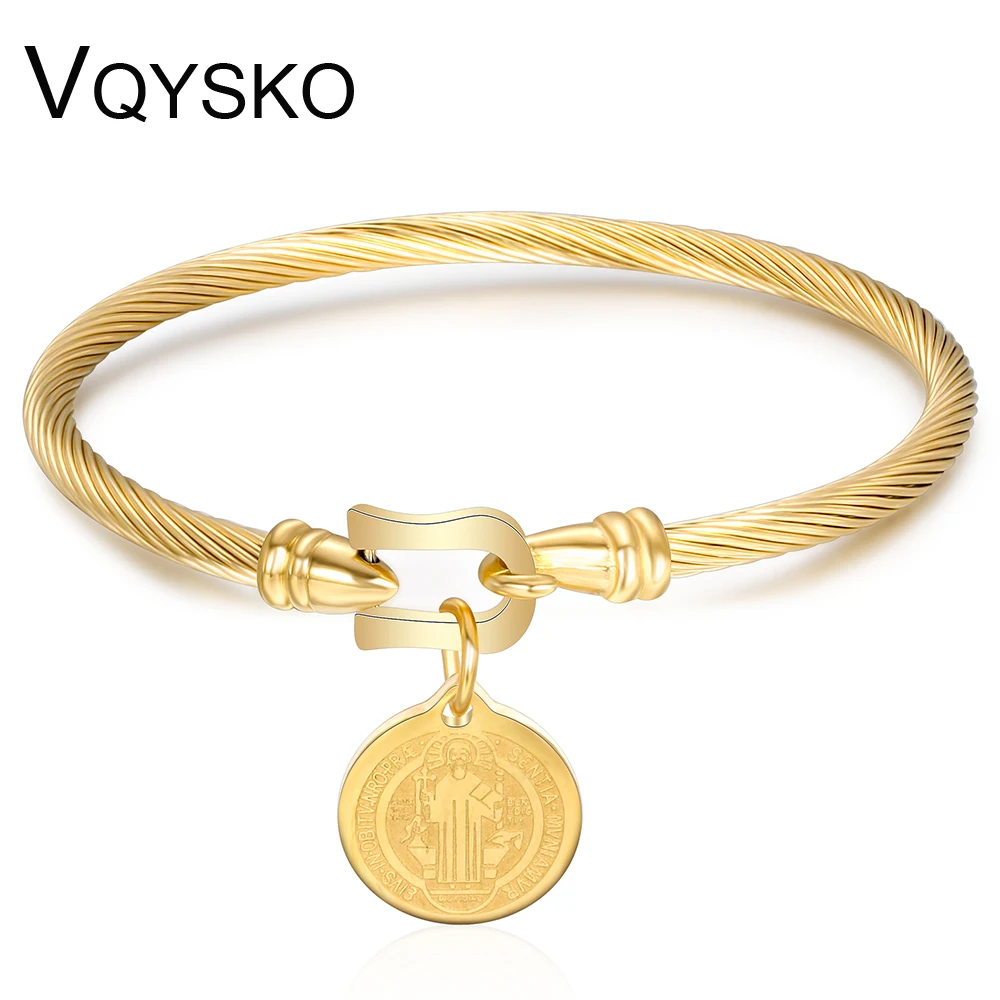 

Fashion Cuff Bracelet Bangles With Saint Benedict Charm Pendant Syainless Steel Wire pulseira Jewelry Bracelets For Women