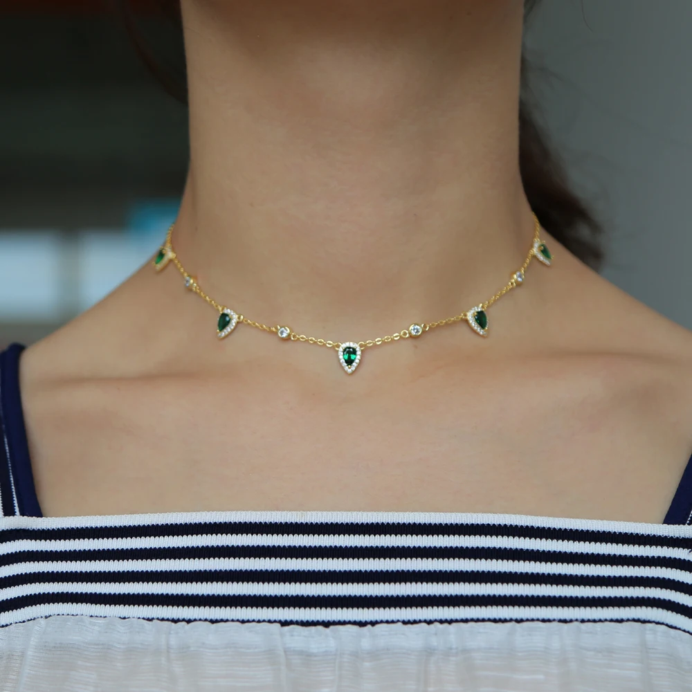 Gold color fashion women lady jewelry green cubic zirconia tear drop cz charm choker collar necklace