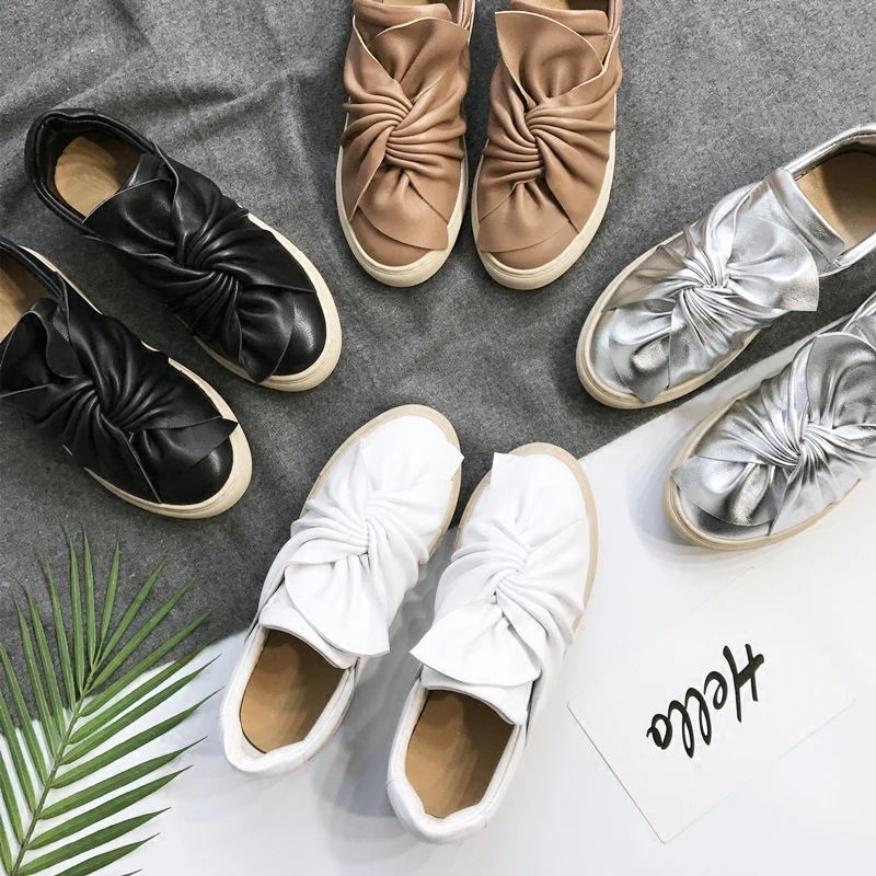 

2018 Hot Spring Summer Shoes Woman Leather Lazy Flats Slip On Shalllow Big Bow-knot Flats Designer Woman Cozy Shoes Mujer Shoes