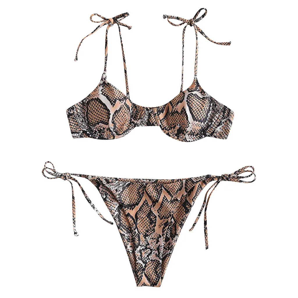 

Snake Print Underwire Balconette Reversible Bikini Sets Back Cross Thong Two Pieces Swimsuits Girl Beach Bathing Suits NEW L0612