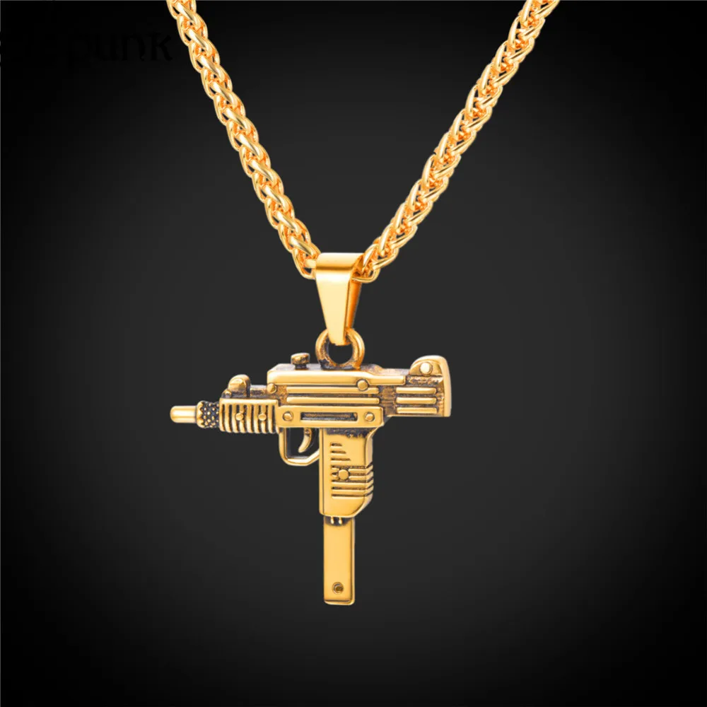 Hip hop Uzi Gun Pendant Necklace for Men Black Stainless Steel Gold Color 22inch Link Chain AK 47 M16 Gun Necklace Hip hop Uzi Gun Pendant Necklace for Men Black Stainless Steel Gold Color 22inch Link Chain AK 47 M16 Gun Necklace