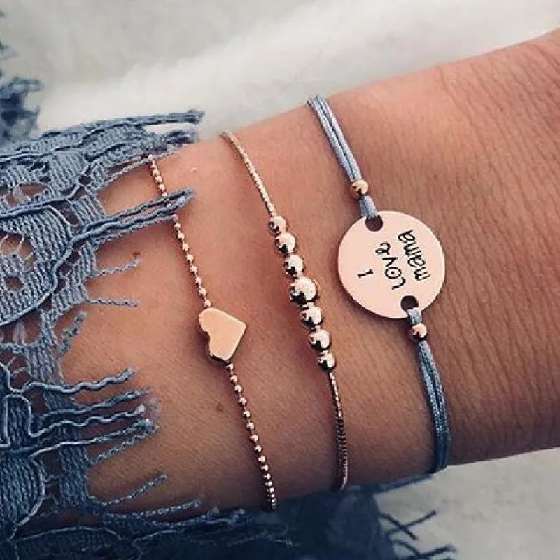 

12 sets US0.79 per Charm Bracelets for Women Elegant Multi Layered Gold Beads Chain I Love Mama Heart Elephant Bracelets Set