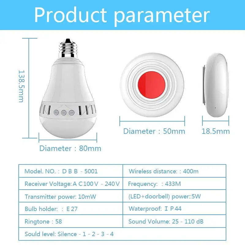 

Home Door Bell Wireless Doorbell Waterproof Lamp Bulb Wireless Door Chimes 400m Remote Control 58 Rings CLH@