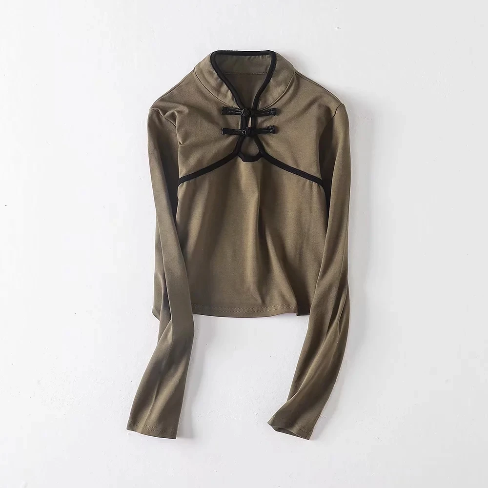 Женская открытая Приталенная футболка с замерзающей передней деталью - Цвет: army green