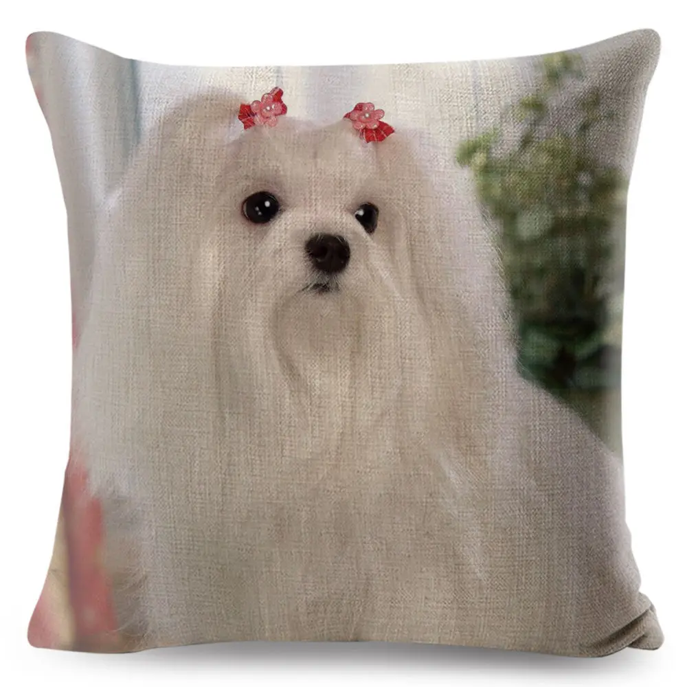 Cute Animal Pet Maltese Dog Pillow Cover Linen Cushion Covers 45*45cm Square Pillow Case Sofa Car Home Decoration Pillowcase