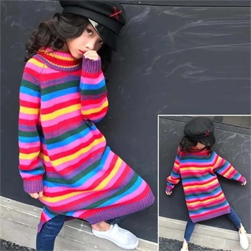Girls sweater dress 2018 new autumn and winter models in the big children's fashion rainbow stripes in the long paragraph pullov Girls sweater dress 2018 new autumn and winter models in the big children's fashion rainbow stripes in the long paragraph pullov