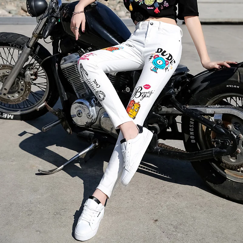 

Korea New Fashion Spring Autumn Women Denim Pants High Waist Stretch Skinny Female Pencil Jeans Printing Students White Jeans