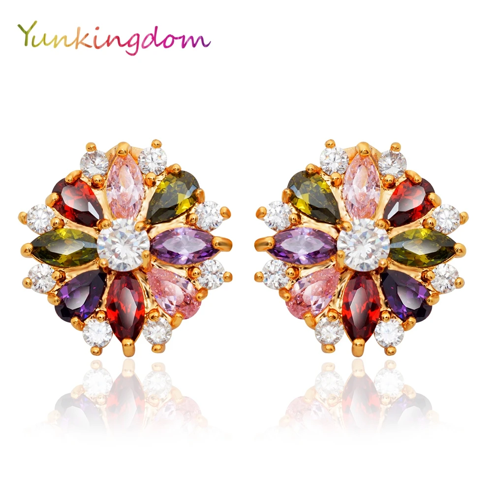 Бренд Yunkingdom женские серьги-гвоздики золотого цвета с кристаллами циркония