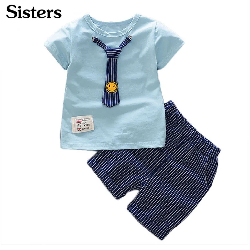 Sisters Summer children clothing Tie short sleeve T-shirt+Striped shorts 2PCS sets gentleman dressed for 1-4 Yrs baby boy kids | Детская