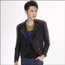 M-6XL Европейская Мужская Новая черная мотоциклетная куртка из искусственной кожи с заклепками панк DJ Модная молодежная одежда пальто для певицы для сцены костюмы