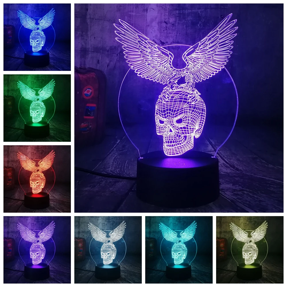 Cool Novelty Skull Eagle Wings 3D LED Night Light RGB 7 Colors Remote Control USB Multicolor Desk L
