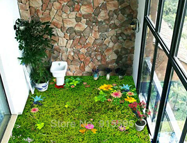 Пользовательские 3D напольные фрески цветы трава газон гостиная спальня балкон водонепроницаемый самоклеящийся пол Декор Фреска ПВХ обои