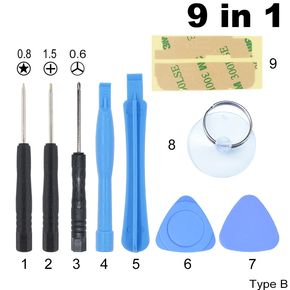 Type B Big crowbar 9 в 1 Набор инструментов Съемник элементов инструмент с 0,8 Pentalobe крестообразная отвертка для iphone 4 4S 5 5S 6 Plus 6s 1000 компл./лот - Цвет: Type B Big crowbar