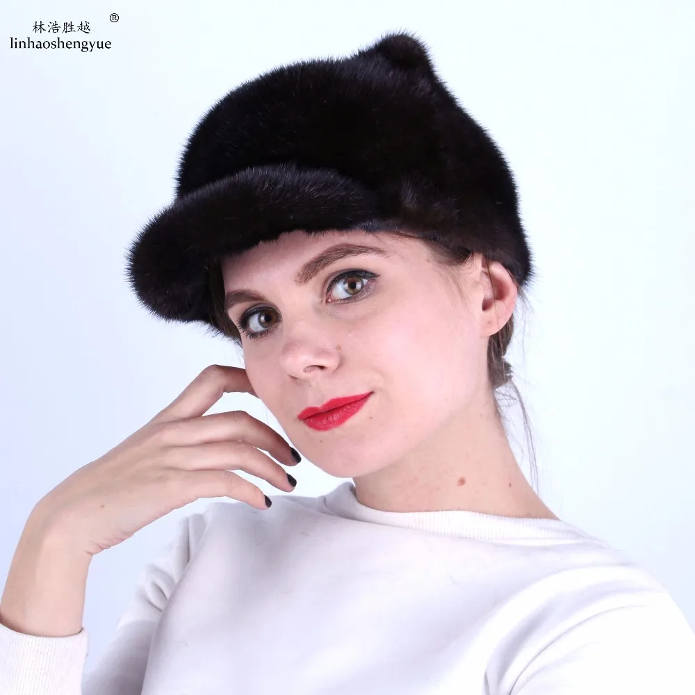 

Linhaoshengyue fashion women mink fur cap ear cap with mink fur tail Skin mink hat