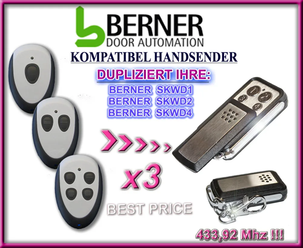 

3PCS for BERNER SKWD1/SKDW2/SKWD4 Fixed Code Remote Control Duplicator 4-Channel 433.92MHz.