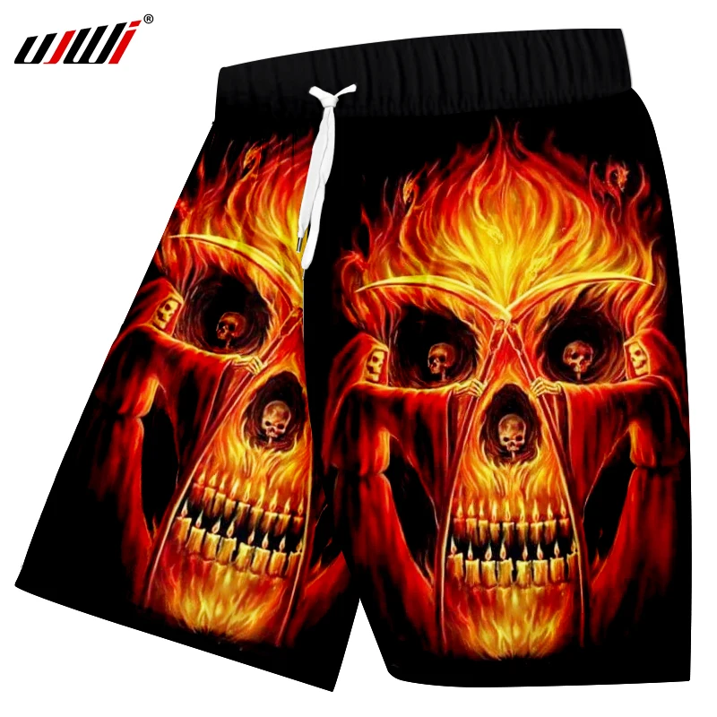 UJWI мужские хип-хоп быстросохнущие полиэфирные боксеры и брюки летние крутые повседневные шорты с принтом Пламени Черепа скелета 3D пляжные шорты