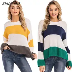 Женский Зимний вязаный свитер и пуловер, модный осенний свитер с длинными рукавами в стиле пэчворк, полосатый свитер с круглым вырезом
