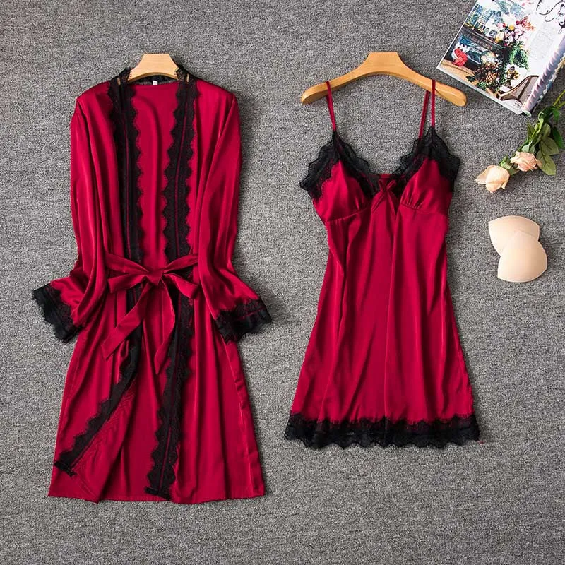 Модный сексуальный женский халат и платье, комплект из двух предметов: халат+ мини-ночная рубашка, пижама из двух частей, Женский комплект для сна из искусственного шелка - Цвет: red