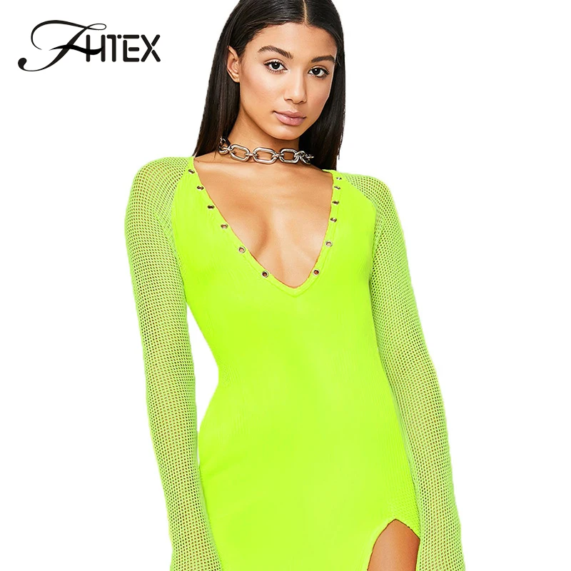 

FHTEX Green Sexy V Neck Eyelet Button Bodycon Dress Grid Long Sleeve Hollow Out Nightclub Party Dress Spring Women Casual Dress